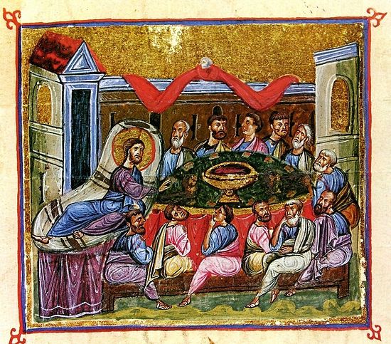 Тайная Вечеря. Книжная миниатюра. Византия. XI век. Афон. Монастырь Дионисиат