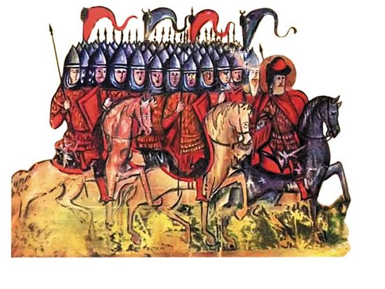 Князь с дружиной. Миниатюра из «Сказания о Борисе и Глебе». XIV в.