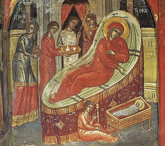 Рождество Пресвятой Богородицы. XVI в., монастырь Ставроникита, Афон Фреска работы Феофана Критского